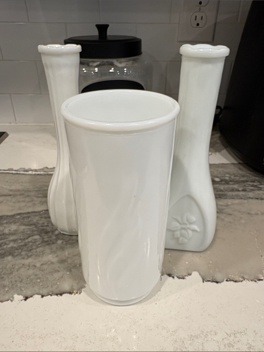 White Milk Glass Bud Vase with Embossed Floral Detail set 3